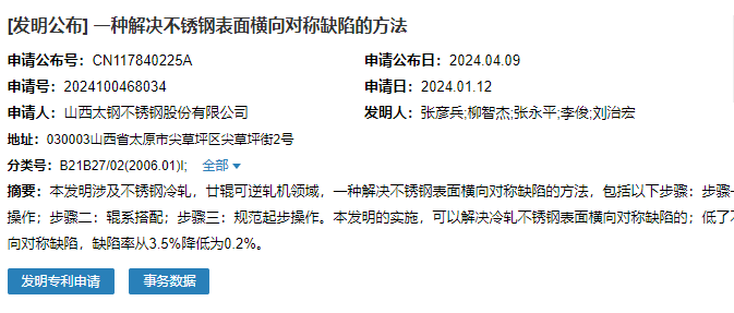 山西太钢成功申请名为“一种解决不锈钢表面横向对称缺陷的方法”专利