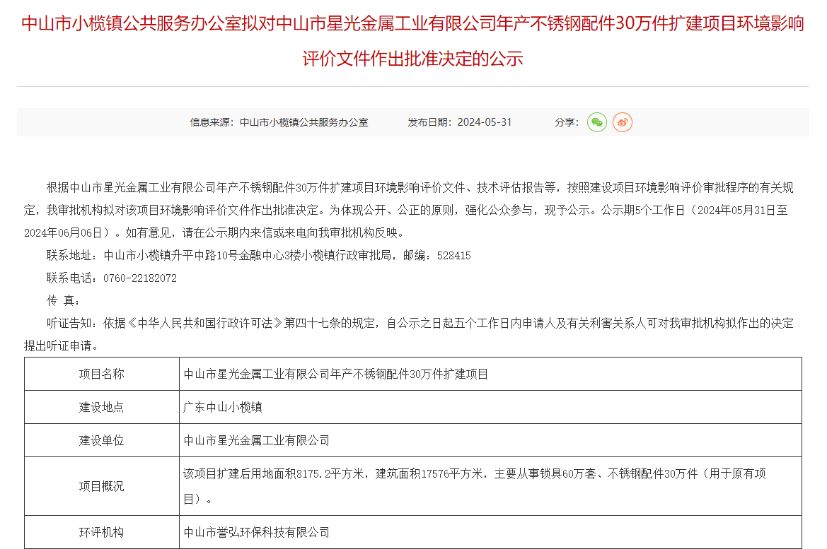 中山市顺晋模具厂年产10万个不锈钢壶新建项目环评获批准决定